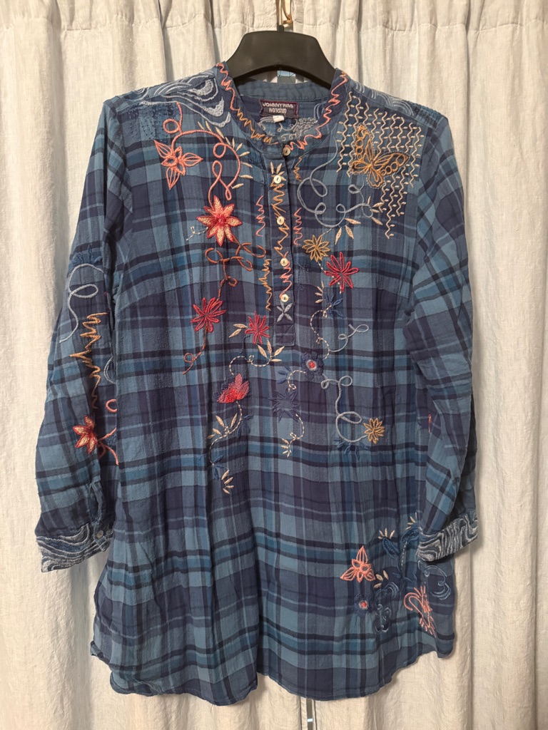 Johnny Was Blue Plaid Embroidered Shirt With Multicolor Stitching